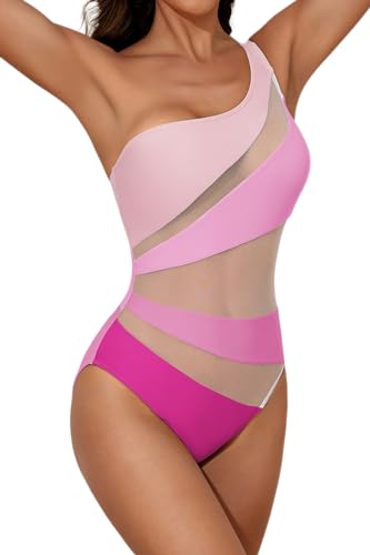 B2prity Women's One Piece Swimsuits One Shoulder Slimming Bathing Suit Tummy Control Colorblock Sexy Mesh Swimwear(Pink)