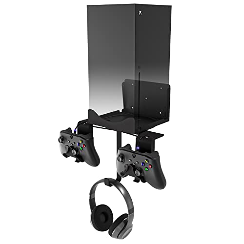 Hosanwell Xbox Series X Wall Mount,Metal Support-5 in 1 Xbox Series X Wall Mount kit with 2 Way Magnetic Charging Cable,Detachable Controller Holder & Headphone Hanger,Black