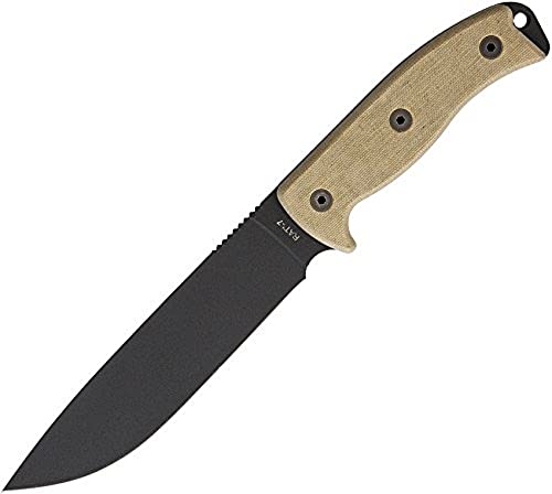 Ontario Knife Co. 8668 Rat-7 Fixed Blade Knife 7' Drop Point 1095 Black Carbon Steel Blade 5' Tan Micarta Handle for Outdoor, Tactical, Survival, Bushcraft, and EDC