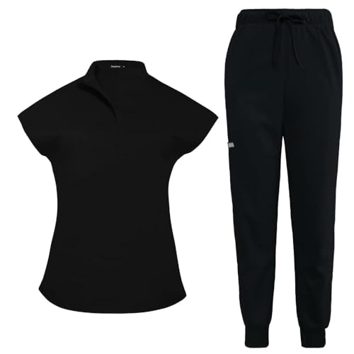 niaahinn Scrubs Set for Women Nurse Uniform Jogger Suit Stretch Top & Pants with Multi Pocket for Nurse Doctor Esthetician Workwear (Black, Small)