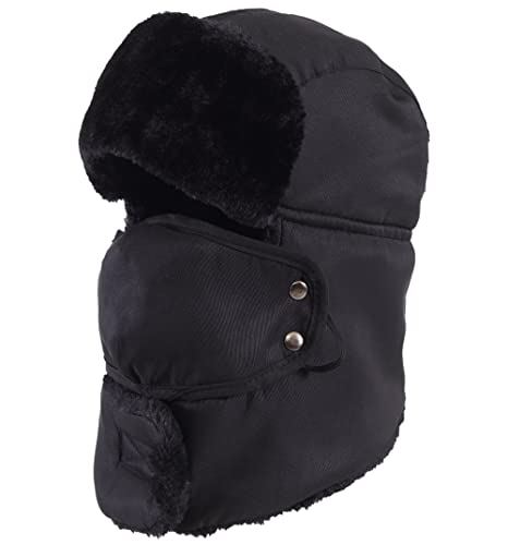 Tough Headwear Winter Trapper Hat with Mask - Russian Ushanka Trooper Aviator Hats for Men & Women -Snow Eskimo Hat with Ear Flaps for Cold - Full Black