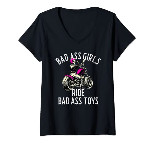 Womens Bad Ass Girls Ride Bad Ass Toys Biker Chick Motorcycle Girl V-Neck T-Shirt