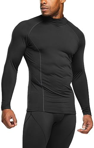 TSLA Men's Thermal Long Sleeve Compression Shirts, Mock/Turtleneck Winter Sports Running Base Layer Top, Heatlock Mock Neck Black & Charcoal, Small