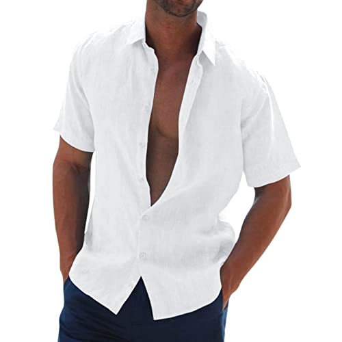 Linen Cotton Shirt for Men Short Sleeve Summer Button Down Shirt Solid Color Casual Fashion Beach Tops(White,3X-Large)