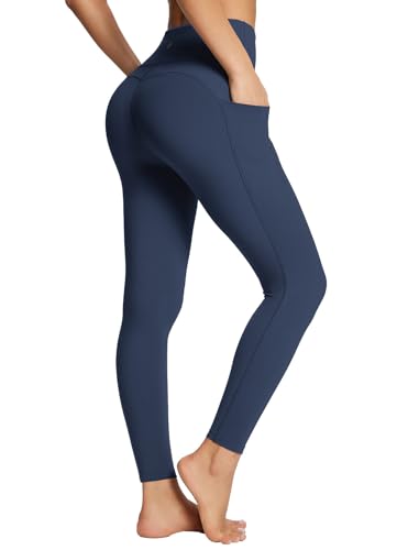 BALEAF Leggings for Women Tummy Control with Pockets Deep Workout High Waisted Athletic 7/8 Gym Ultra Soft Petite Yoga Ankle Pants Navy L