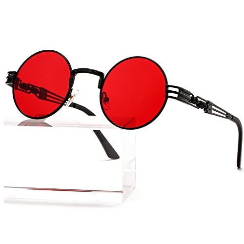 AIEYEZO Round Steampunk Sunglasses Circle Lennon Hippie Glasses Metal Frame 100% UV Blocking Lens (Black/Ocean Red)