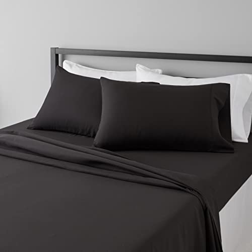 Amazon Basics Lightweight Super Soft Easy Care Microfiber 4-Piece Bed Sheet Set with 14-Inch Deep Pockets, Queen, Black, Solid