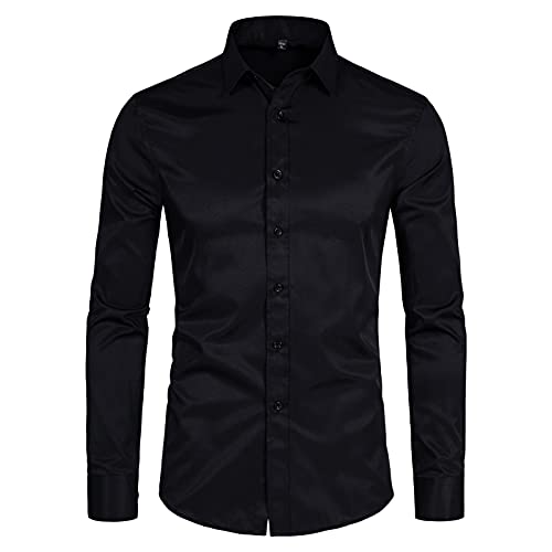 DELCARINO Men's Long Sleeve Button Up Shirts Solid Slim Fit Casual Business Formal Dress Shirt Black Medium