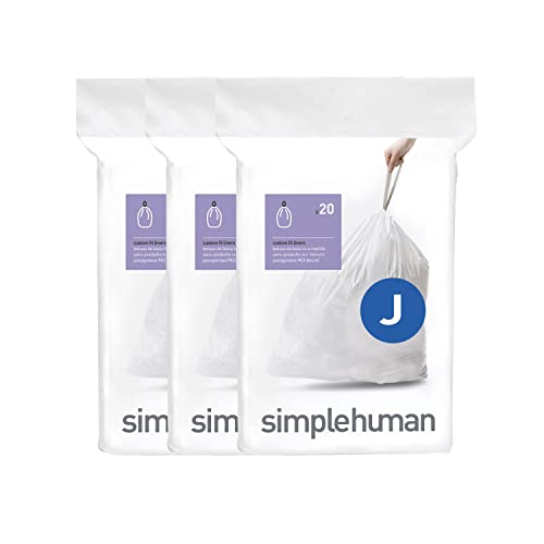 simplehuman Code J Custom Fit Drawstring Trash Bags in Dispenser Packs, 60 Count, 30-45 Liter / 8-12 Gallon, White