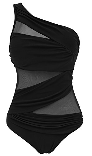 Runtlly Women's One Piece Swimsuits One Shoulder Plus Size Swimwear Bathing Suit with See Through Mesh Style Black M
