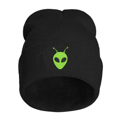 Yrassio Alien Antenna Embroidery Beanie Hat for Men Women Winter Warm Stretch Skull Knit Hats Cap Black