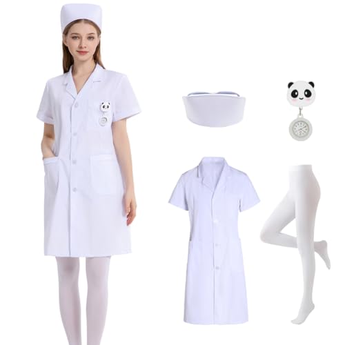 OURUEPY White Nurse Lab Costume Set For Women Short Sleeve Coat W/Cap Pantyhose Pocket watch