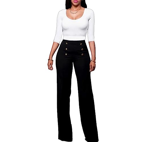 Women's Stretchy High Waisted Wide Leg Button-Down Pants Sailor Bell Flare Pants Black