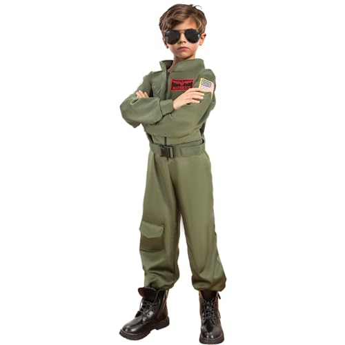 KukuFun Flight Costume for Boys, Fighter Pilot Costume Kids Flight Costume Suit Air Force Pretend Play Dress Up Halloween Costume Kit for 3 4 5 6 7 8 9 10Year Old Boys and Girls