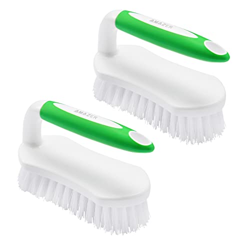 Amazer Scrub Brush for Cleaning Comfort Grip Shower Scrubber Stiff Bristles with Handle Heavy Duty Cleaner Brush for Tub Sink Carpet Floor - Pack of 2 (Green+Green)