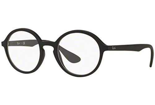 Ray-Ban RX7075 Round Prescription Eyeglass Frames, Rubber Black & Black/Demo Lens, 49 mm