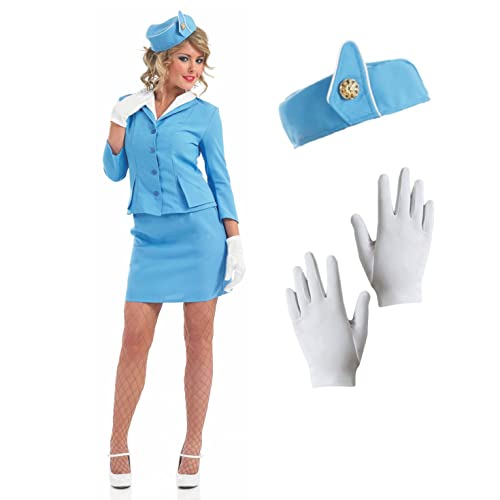 fun shack Flight Attendant Costume Women Blue, Airline Stewardess Costume for Women, Retro Stewardess Costume Women, Small