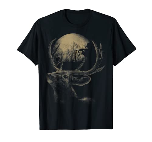 Deer Hunter Silhouette Doe Buck Hunting Moon Outdoorsman T-Shirt