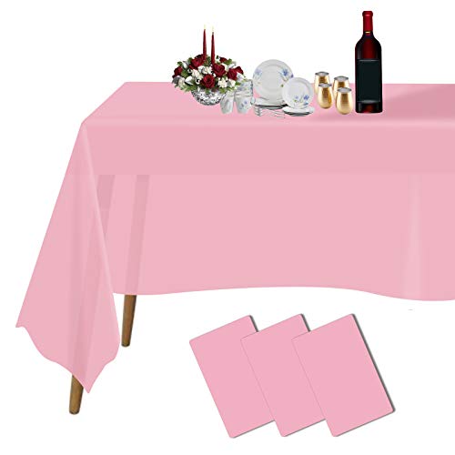 Plastic Tablecloths for Rectangle Tables 3 Pack 54' x 108' Party Table Cloths Disposable for 6 to 8 Foot Tables Indoor or Outdoor Parties Birthdays Weddings Christmas Anniversary Buffet Table (Pink)