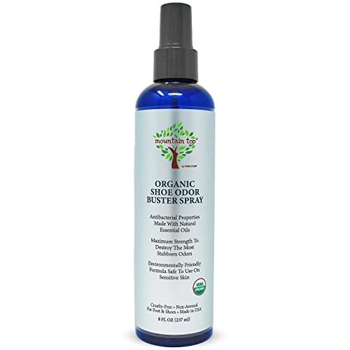 MOUNTAIN TOP Organic Shoe Odor Buster Spray (8oz) Maximum Strength Deodorizes & Removes Bad Smells with Eucalyptus, Peppermint, Tea Tree & Lemongrass Oils