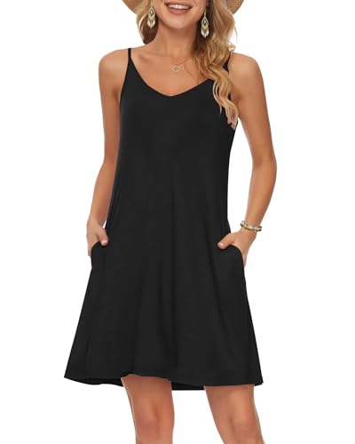 MISFAY Women's Summer Casual Loose T Shirt Dresses Beach Cover up Plain Tank Dress with Pockets (M, Black)