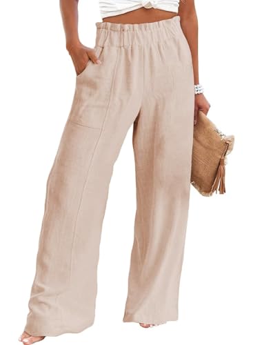 Jokeluck Lightweight Linen Fall Fashion 2023 Pants for Women Casual Wide Leg Palazzo Elastic Waist Loose Paperbag Trousers Beige Medium