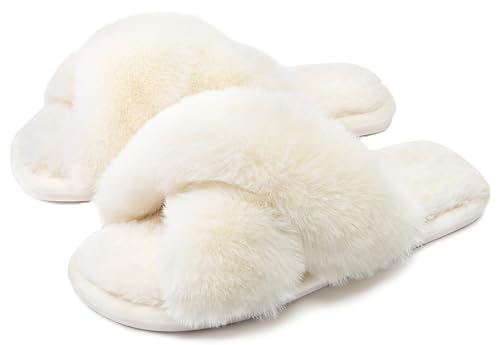 Cozyfurry Womens Cross Band Slippers Cozy Furry Fuzzy House Slippers Open Toe Fluffy Indoor Shoes Outdoor Slip on Warm Breathable Anti-skid Sole Beige 7-8 M