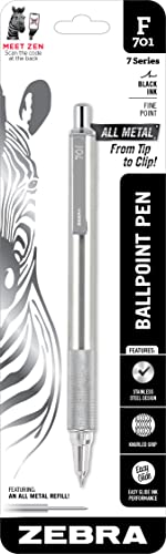Zebra F-701 Stainless Steel Retractable Ballpoint Pen, Fine Point, 0.7 mm, Silver Barrel, Black Ink