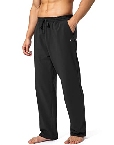 Pudolla Men's Cotton Yoga Sweatpants Athletic Lounge Pants Open Bottom Casual Jersey Pants for Men with Pockets (Black Large)