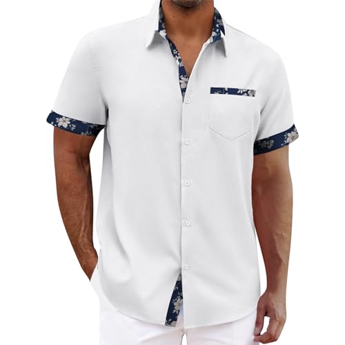 Men's Short Sleeve Hawaiian Shirt Patchwork Button Down Shirt Lightweight Summer Aloha Tropical Beach Tops, Polo Shirt for Men T Shirts Mens Golf Shirts Hawaiian Shirt D White,X-Large