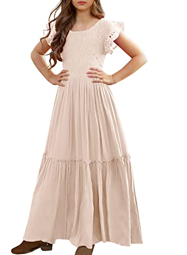 MITILLY Girls Lace Flower Ruffle Sleeve A-Line Swing Wedding Party Long Maxi Dress with Pockets 10 Years Apricot