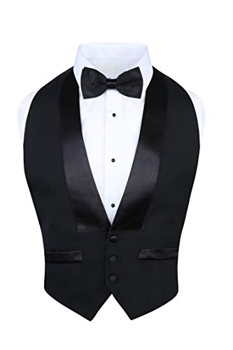 Men's Classic Formal 100% Wool Black Backless Tuxedo Vest Includes Bow Tie (Small - XLarge (Adjustable))