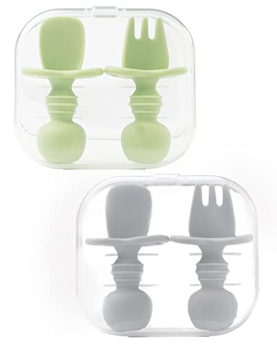 DF DUALFERV 4 Pcs Baby Spoons Self Feeding 6 Months, Silicone Baby Spoons First Stage and Baby Fork, Toddler Utensils for Baby Led Weaning with 2 Cases (Green, Grey)