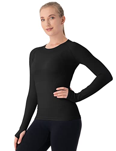 MathCat Seamless Workout Shirts for Women Long Sleeve Yoga Tops Sports Running Shirt Breathable Athletic Top Slim Fit (Small, Y Black)