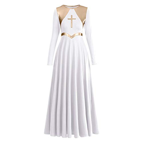 Women Metallic Cross Liturgical Praise Dance Dress Lyrical Dancewear Color Block Full Length Robe Competitio Performance Worship Costume White + Gold Cross M