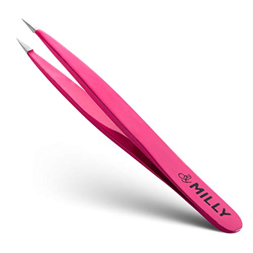 By MILLY Pointed Tweezers | Hammer Forged 100% German Steel Needle Nose Tweezers | Fine Point Tweezers Precision Hair Removal | Perfectly Aligned & Hand-Filed Sharp Tweezers | Pink