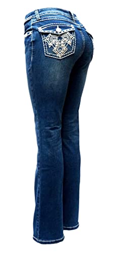 LA Idol Jack David U-Cute Rose 2 Rhinestone Studded Medium & Dark Wash Denim Bootcut Flap Pocket Jeans