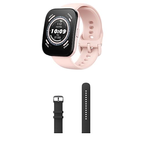 Bundle of Amazfit Bip 5 Smartwatch (Pink) + 22mm Soft Silicone Strap (Black)