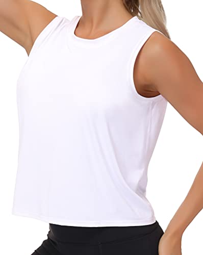 Ice Silk Workout Tops for Women Quick Dry Muscle Gym Running Shirts Sleeveless Flowy Yoga Tank Tops (White, Small)