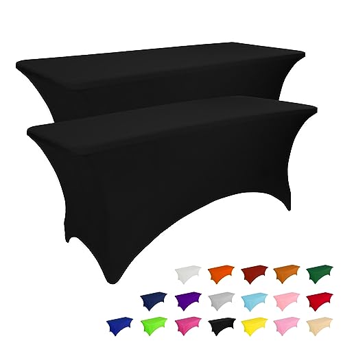 IVAPUPU 2 Pack 6FT Table Cloth for Rectangular Fitted Events Stretch Black Table Covers Washable Table Cover Spandex Tablecloth Table Protector for Party, Wedding, Cocktail, Banquet, Festival
