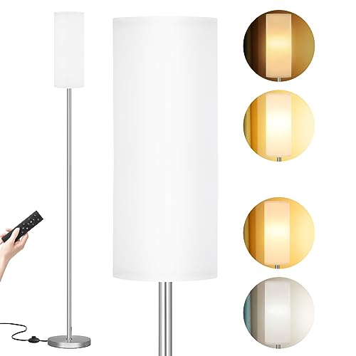 Ambimall Floor Lamps for Living Room, Modern Silver Floor Lamp with Remote Control and Stepless Dimmable Colors Temperature & Brightness (9W Bulb Included, White Lampshade)