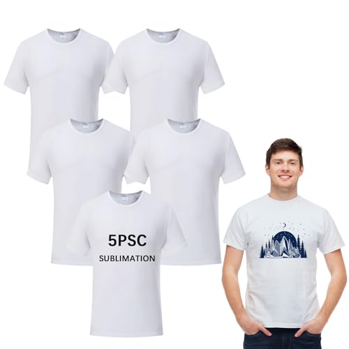 ORJ 5 Pieces Polyester Adult Tshirts for Sublimation White Blank Crew Neck Men Short Sleeve T-Shirt
