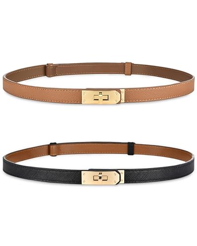ANHAISHUILV Women's Skinny Leather Belt with Adjustable Golden Turn-Lock Buckle - Ideal for Dresses, Jeans, and Coats