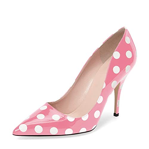 YDN Women Chic Pointed Closed Toe Mid Heel Pumps Slip on Stilettos Slide Dress Shoes for Party 8 Pink Polka Dot