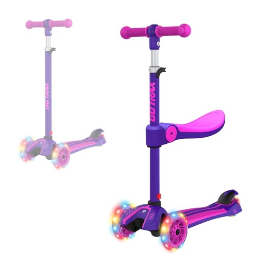Gotrax KS3 Kids Kick Scooter, LED Lighted Wheels, Adjustable Height Handlebars and Removable Seat, Lean-to-Steer & Widen Anti-Slip Deck, 3 Wheel Scooter for kids Ages 2-8 and up to 100 Lbs (Purple).