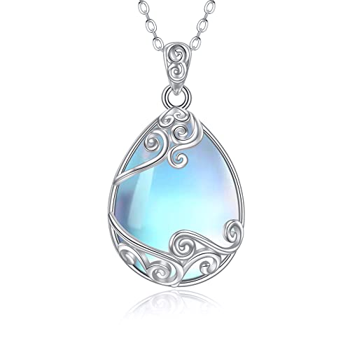 YAFEINI 925 Sterling Silver Moonstone Necklace Filigree Teardrop Pendant Necklace Jewelry for Women Girls (A-filigree moonstone necklace)