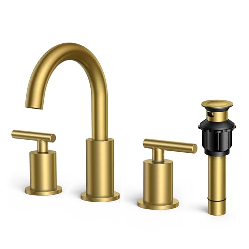 FORIOUS Modern Brushed Gold Bathroom Faucet 3 Hole, 8 Inch Widespread Bathroom Faucet Gold with Metal Pop-up Drain Assembly, Two Handle Vanity Faucet with cUPC Supply Lines, 8' Gold Bathroom Faucet