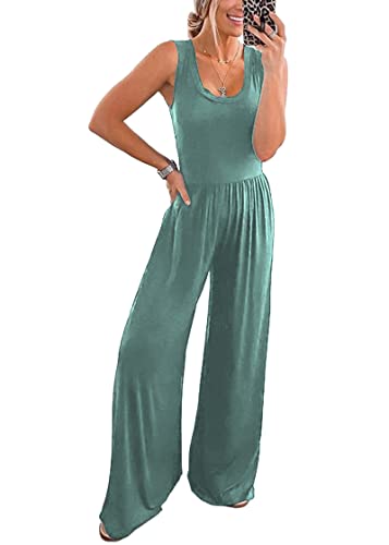 PRETTYGARDEN Women’s Summer Sleeveless Tank Jumpsuits High Waist Low Cut Casual Scoop Neck Fit And Flare Long Pants Rompers (Grey Green,Small)
