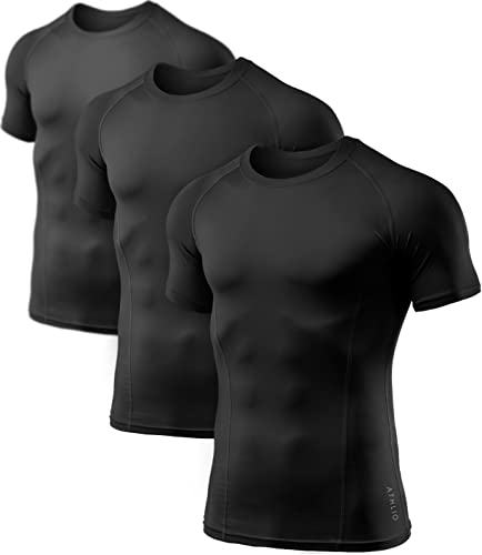 ATHLIO Men's 3-Pack Cool Dry Compression Shirts, Short Sleeve Sports Baselayer T-Shirts, Athletic Workout Tops, Black, Large