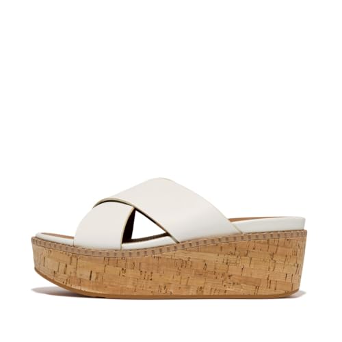 FitFlop Women's Eloise Leather/Cork Wedge Cross Slides Sandal, Urban White, 8